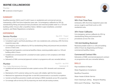Plumber CV template example, created with WhizCV