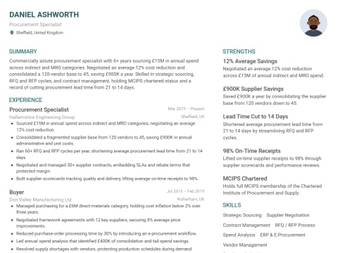 Procurement Specialist CV template example, created with WhizCV