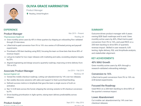 Product Manager CV template example, created with WhizCV