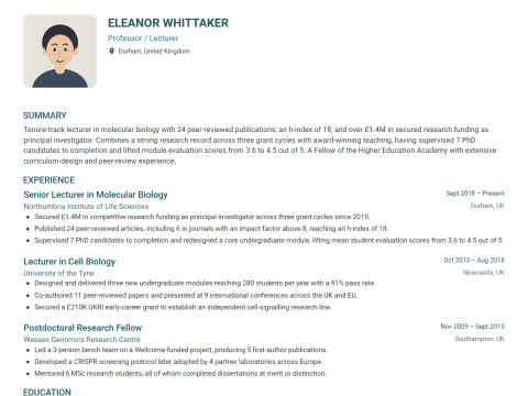 Professor / Lecturer CV template example, created with WhizCV
