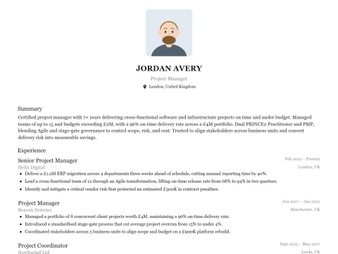 Project Manager CV template example, created with WhizCV