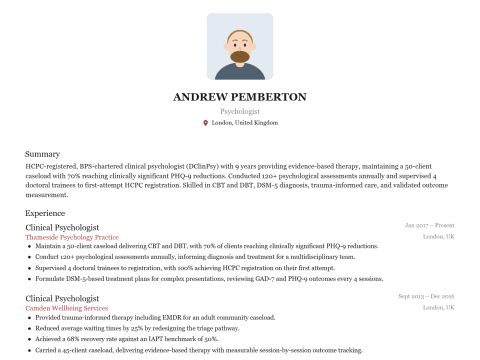 Psychologist CV template example, created with WhizCV