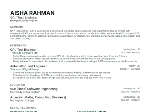 QA / Test Engineer CV template example, created with WhizCV
