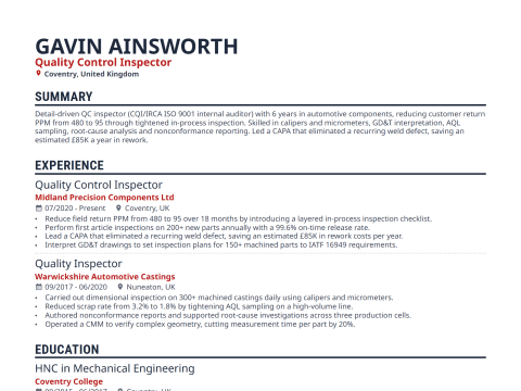 Quality Control Inspector CV template example, created with WhizCV