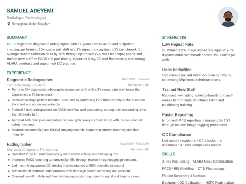 Radiologic Technologist CV template example, created with WhizCV