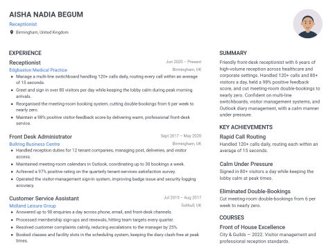 Receptionist CV template example, created with WhizCV