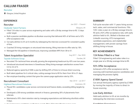 Recruiter CV template example, created with WhizCV