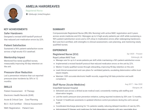Registered Nurse CV template example, created with WhizCV