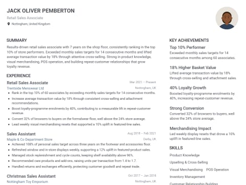 Retail Sales Associate CV template example, created with WhizCV