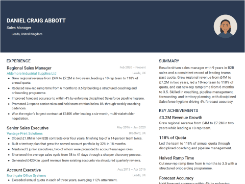 Sales Manager CV template example, created with WhizCV