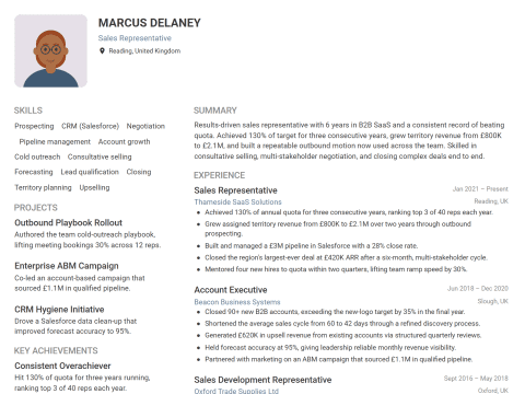 Sales Representative CV template example, created with WhizCV