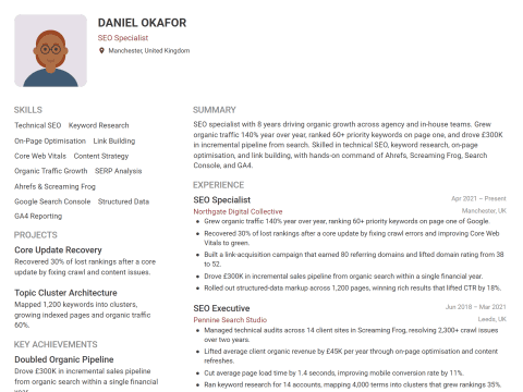SEO Specialist CV template example, created with WhizCV