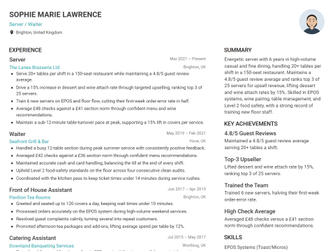Server / Waiter CV template example, created with WhizCV