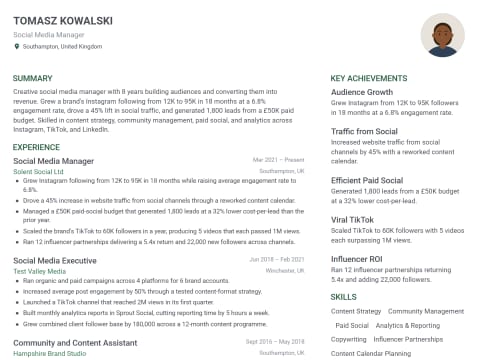 Social Media Manager CV template example, created with WhizCV