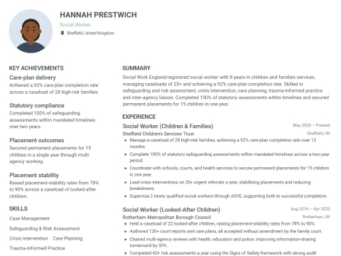 Social Worker CV template example, created with WhizCV