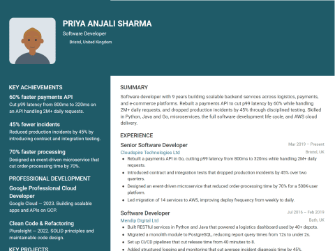 Software Developer CV template example, created with WhizCV