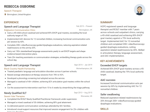 Speech Therapist CV template example, created with WhizCV