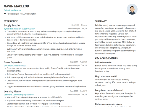 Substitute Teacher CV template example, created with WhizCV