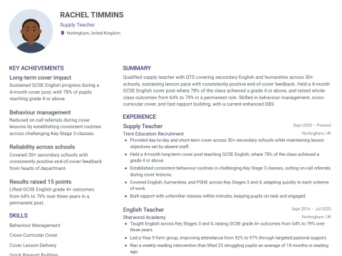Supply Teacher CV template example, created with WhizCV
