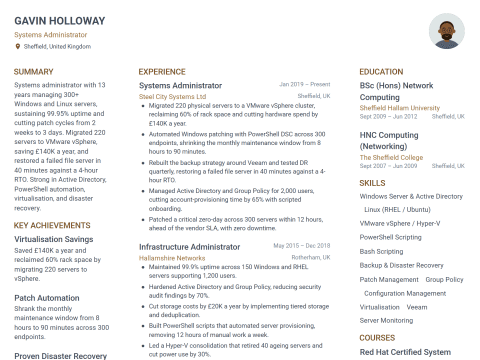Systems Administrator CV template example, created with WhizCV