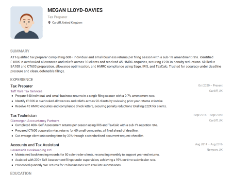 Tax Preparer CV template example, created with WhizCV
