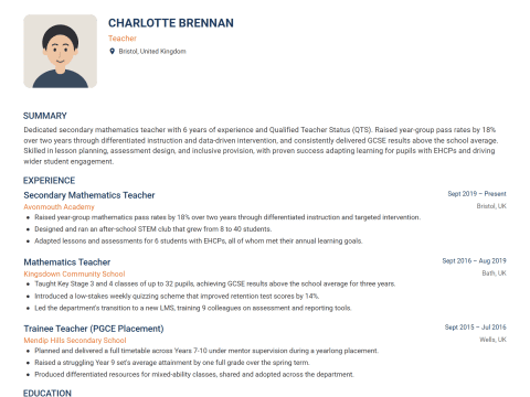 Teacher CV template example, created with WhizCV