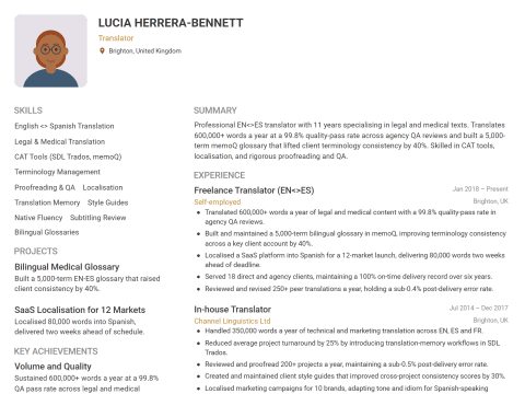 Translator CV template example, created with WhizCV