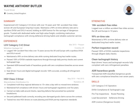 Truck Driver CV template example, created with WhizCV