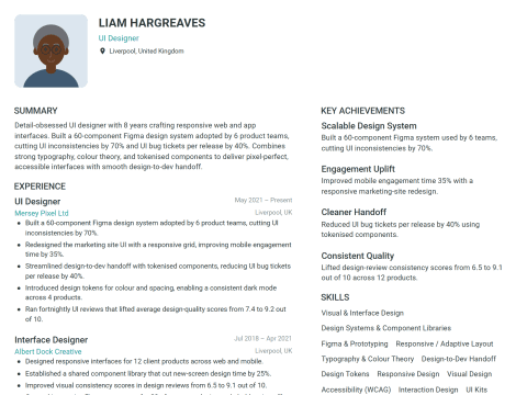 UI Designer CV template example, created with WhizCV