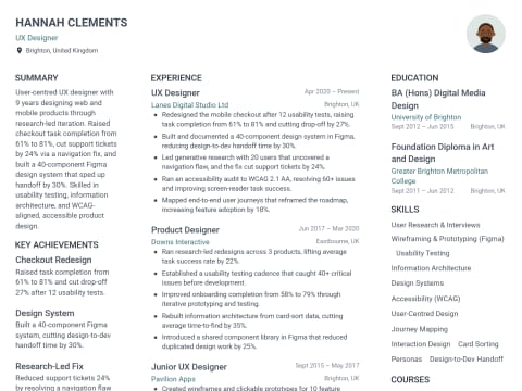 UX Designer CV template example, created with WhizCV