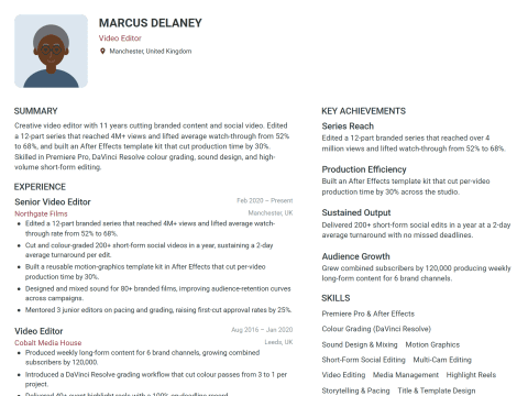 Video Editor CV template example, created with WhizCV