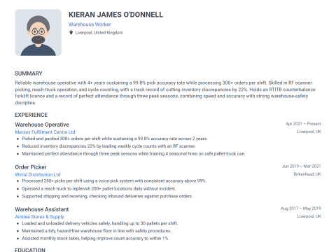Warehouse Worker CV template example, created with WhizCV