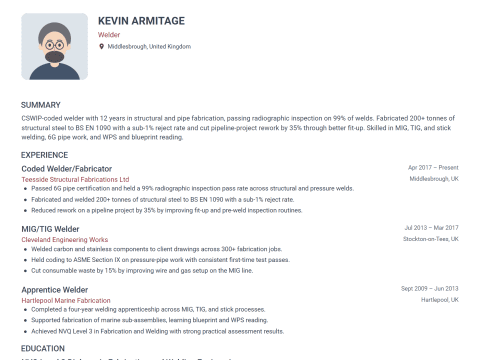 Welder CV template example, created with WhizCV