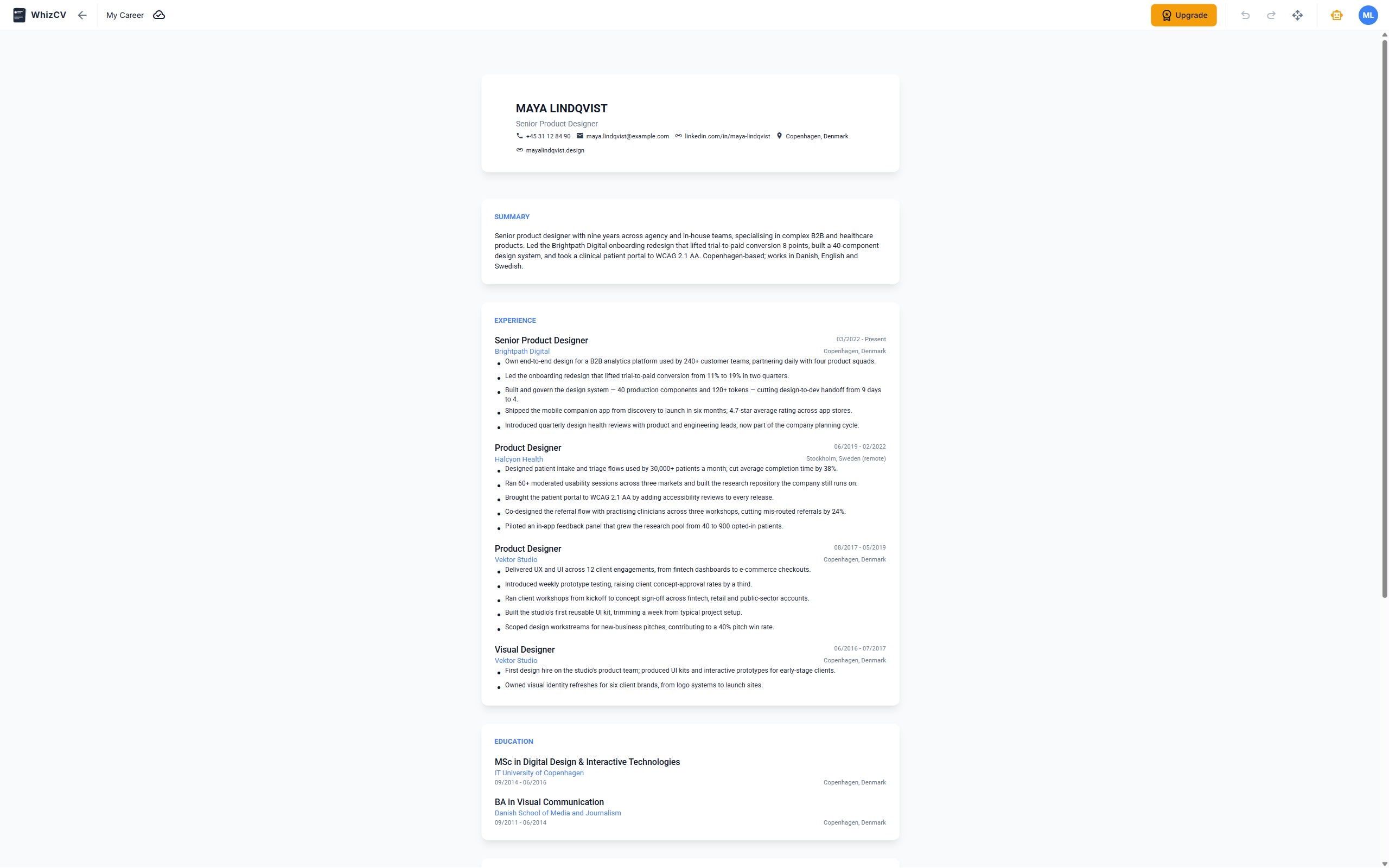 WhizCV reusable career profile