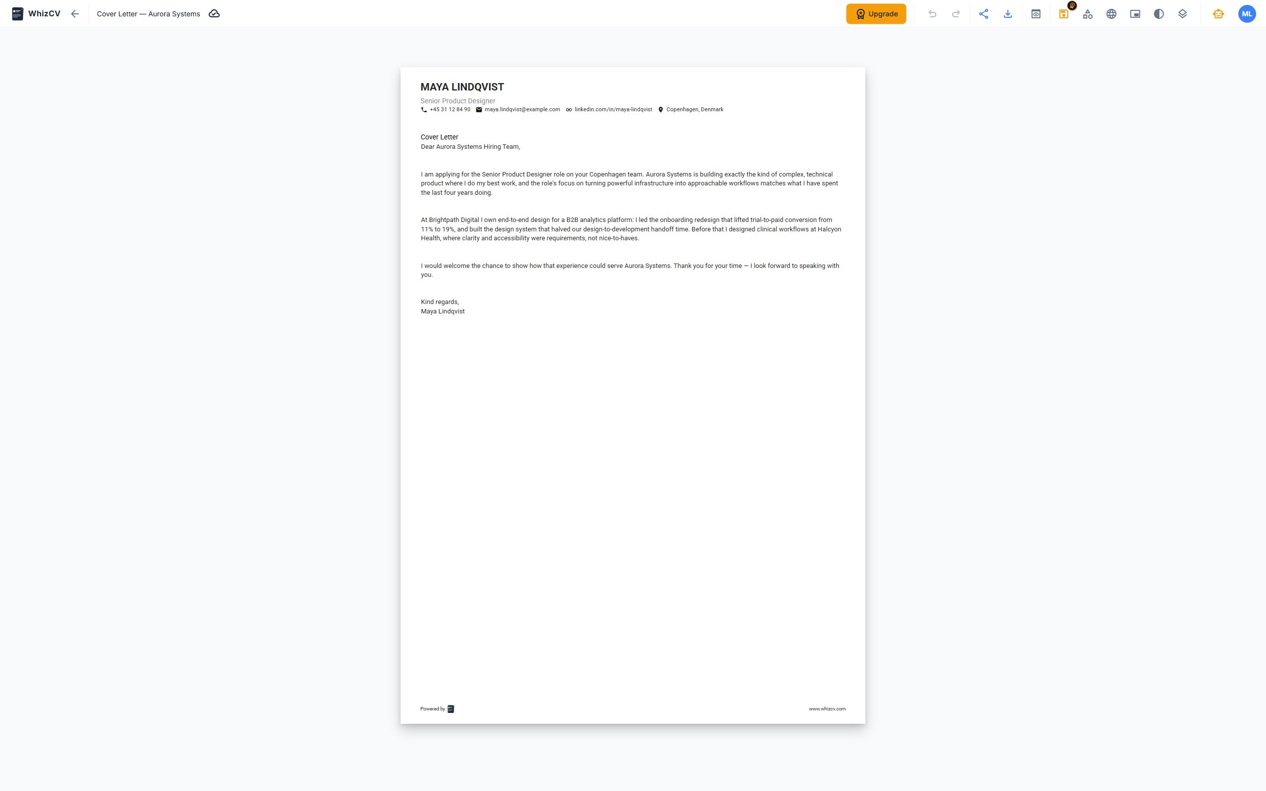 WhizCV cover letter builder interface