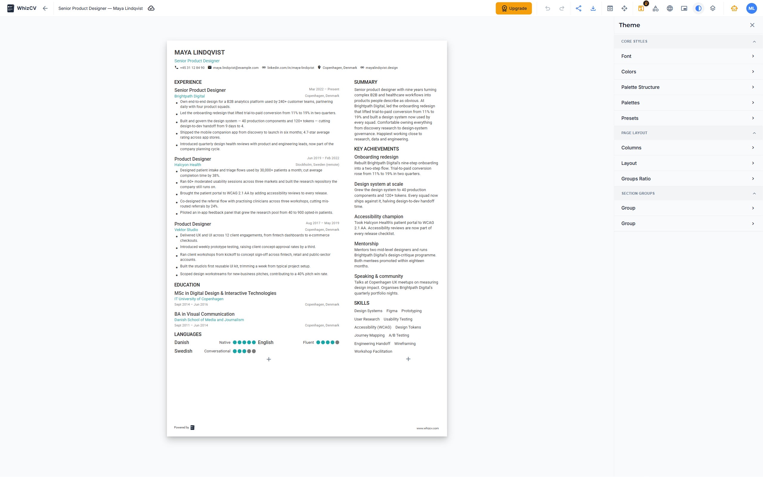 WhizCV resume builder interface