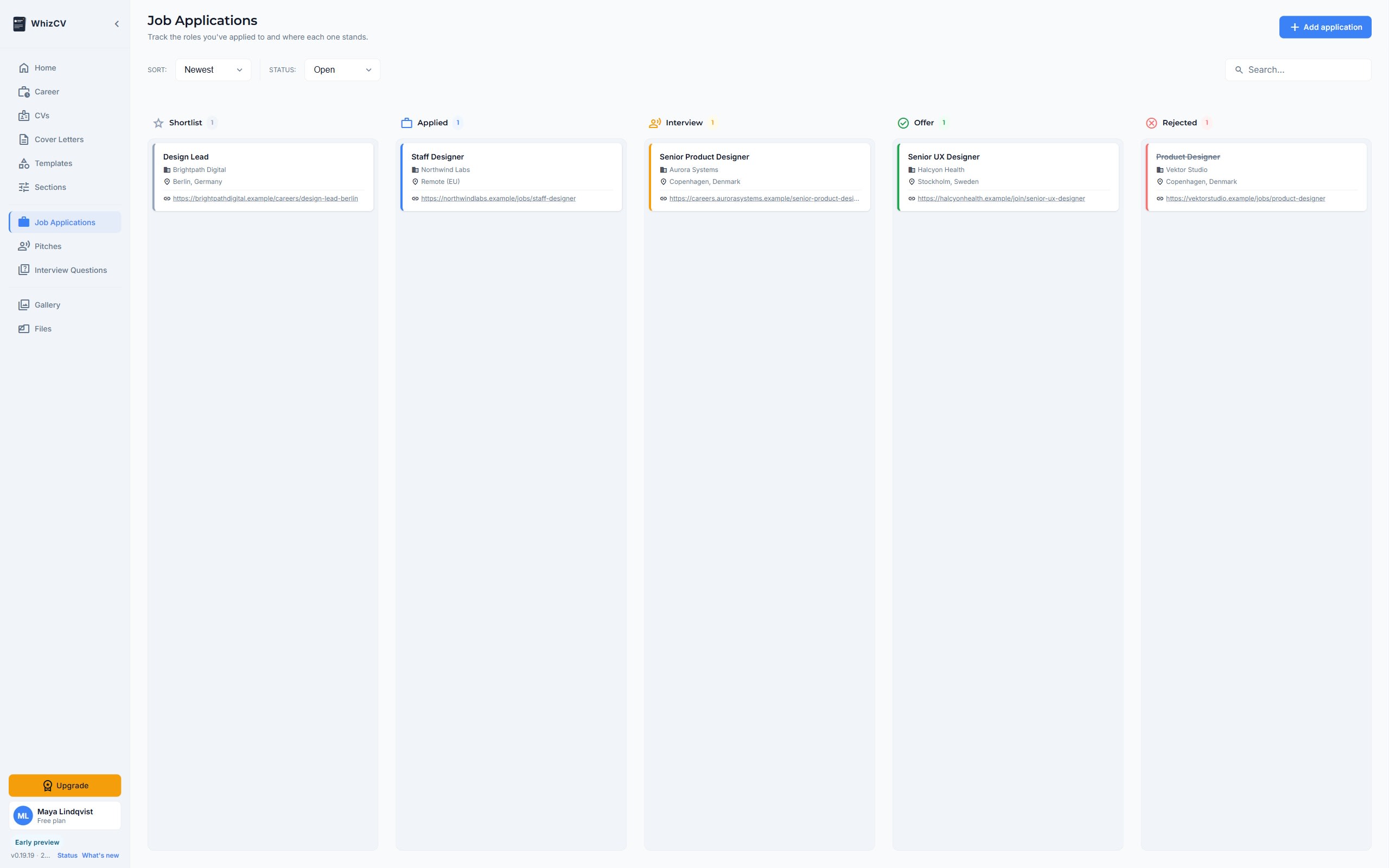 WhizCV job applications tracker