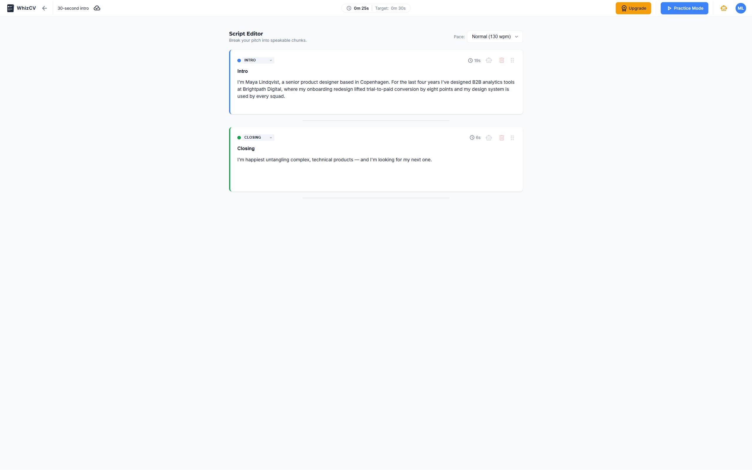 WhizCV pitch builder