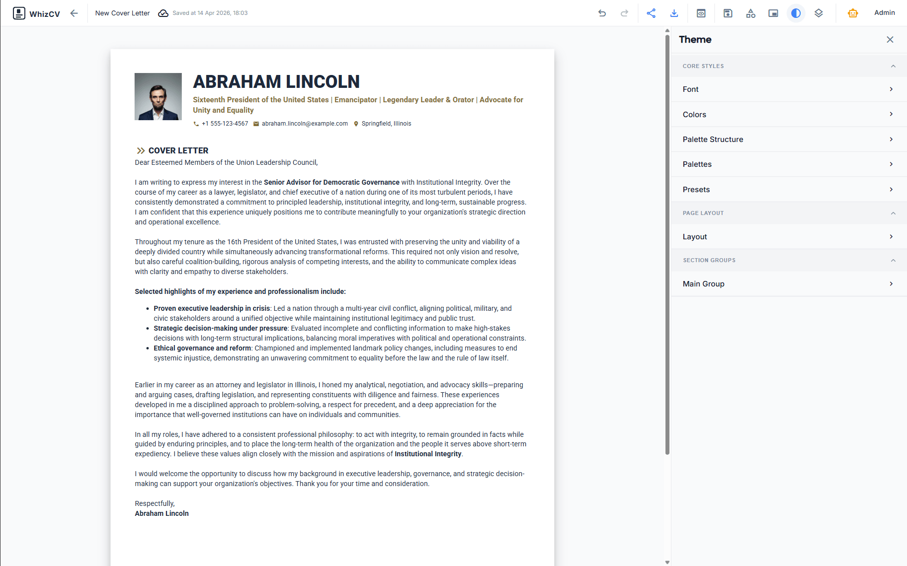 WhizCV cover letter builder interface