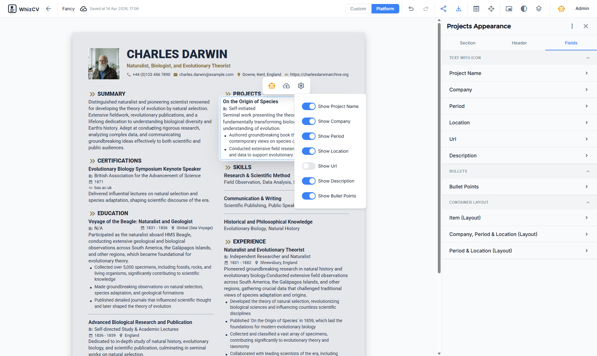 WhizCV resume builder interface