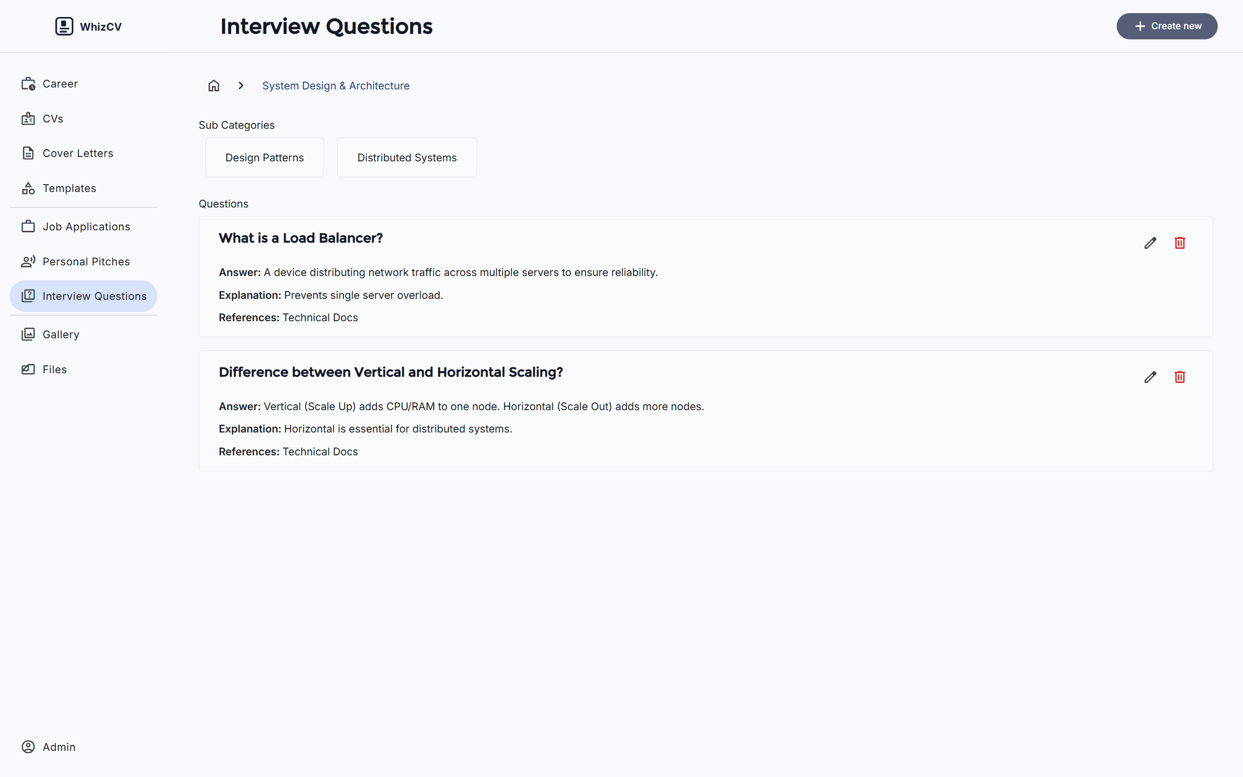 WhizCV interview questions library
