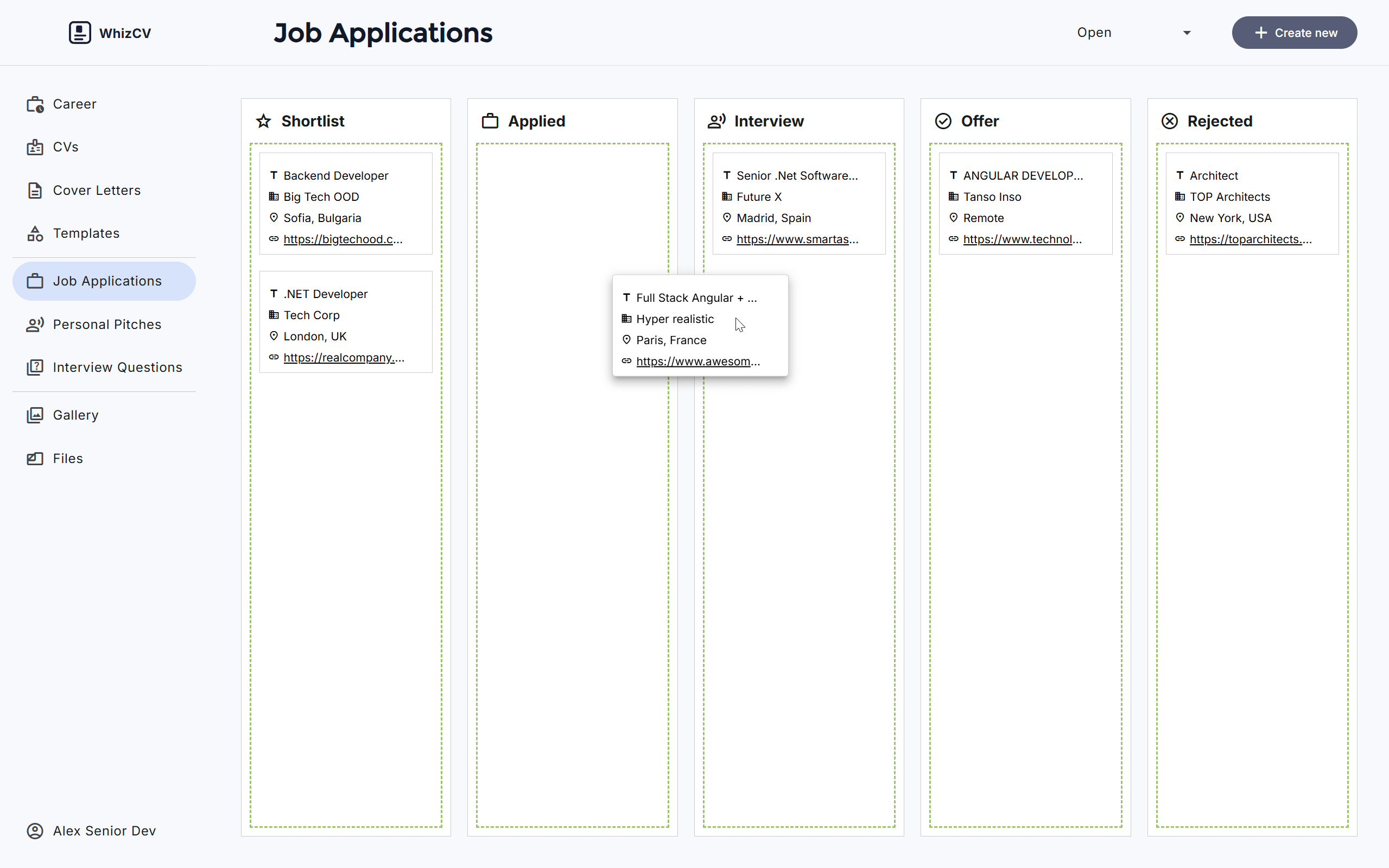 WhizCV job applications tracker