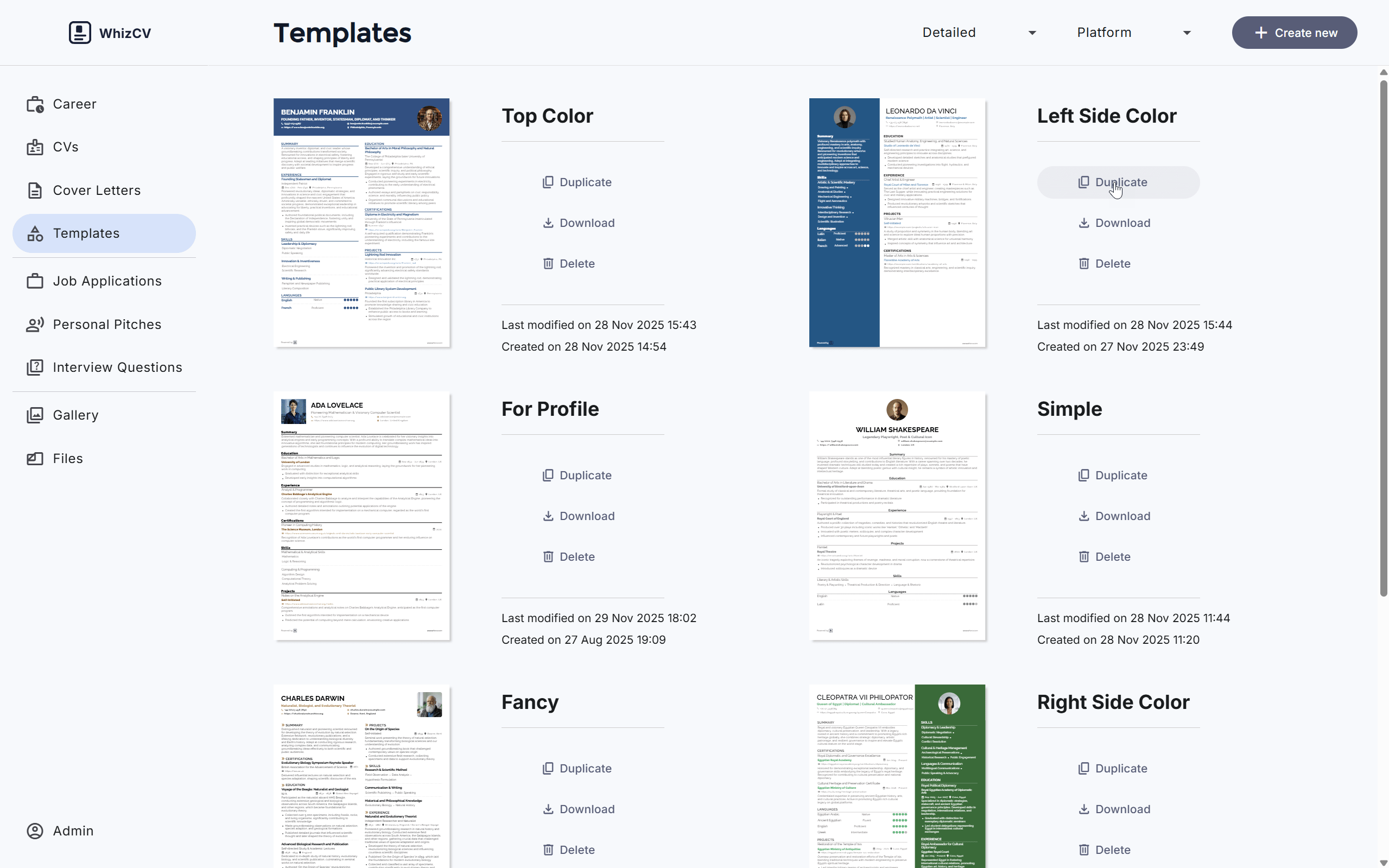 WhizCV template gallery