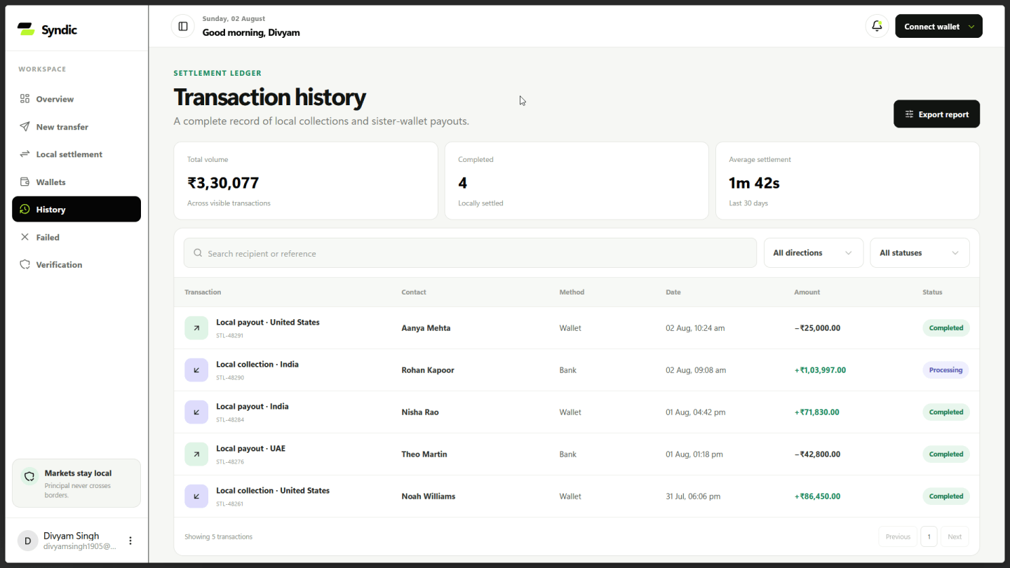 Transaction history and settlement status