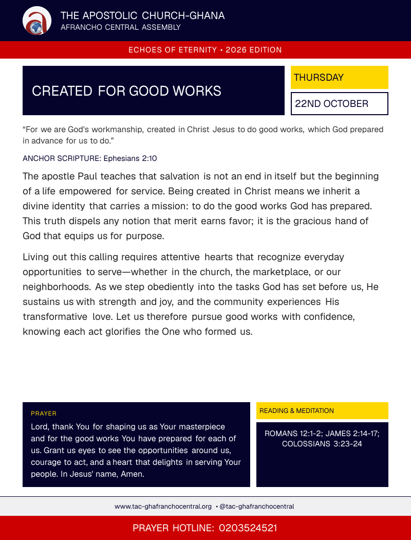 Echoes of Eternity devotional flyer – Created for Good Works