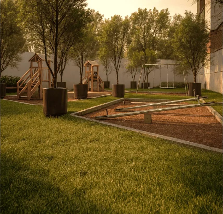Render del área de jardínes que contará el condominio Liiv