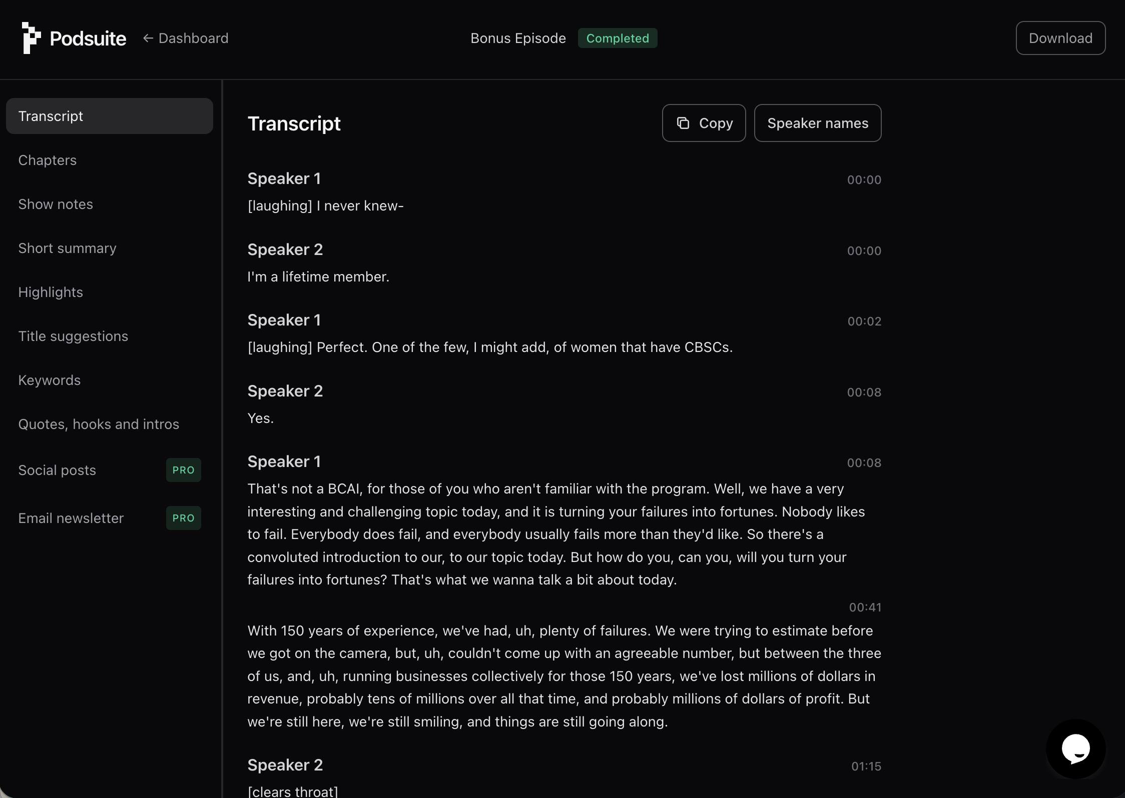 Podsuite transcript and podcast interface