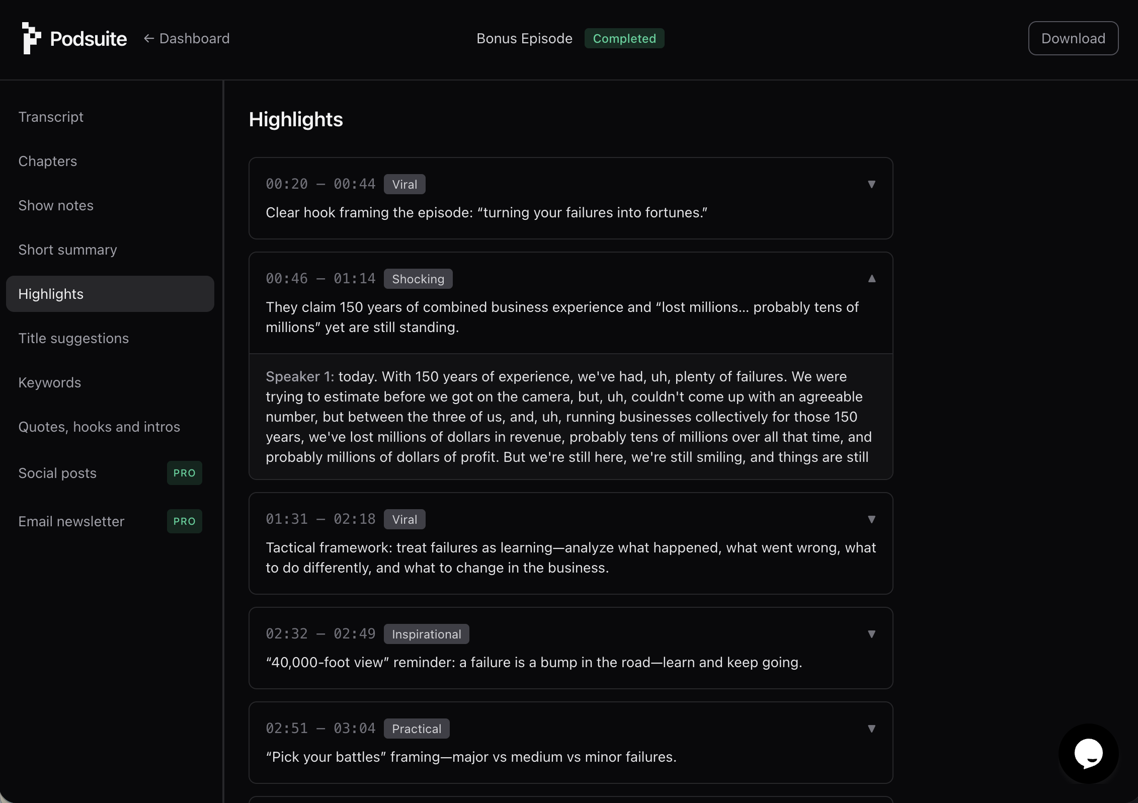 Podsuite highlights and podcast clips interface