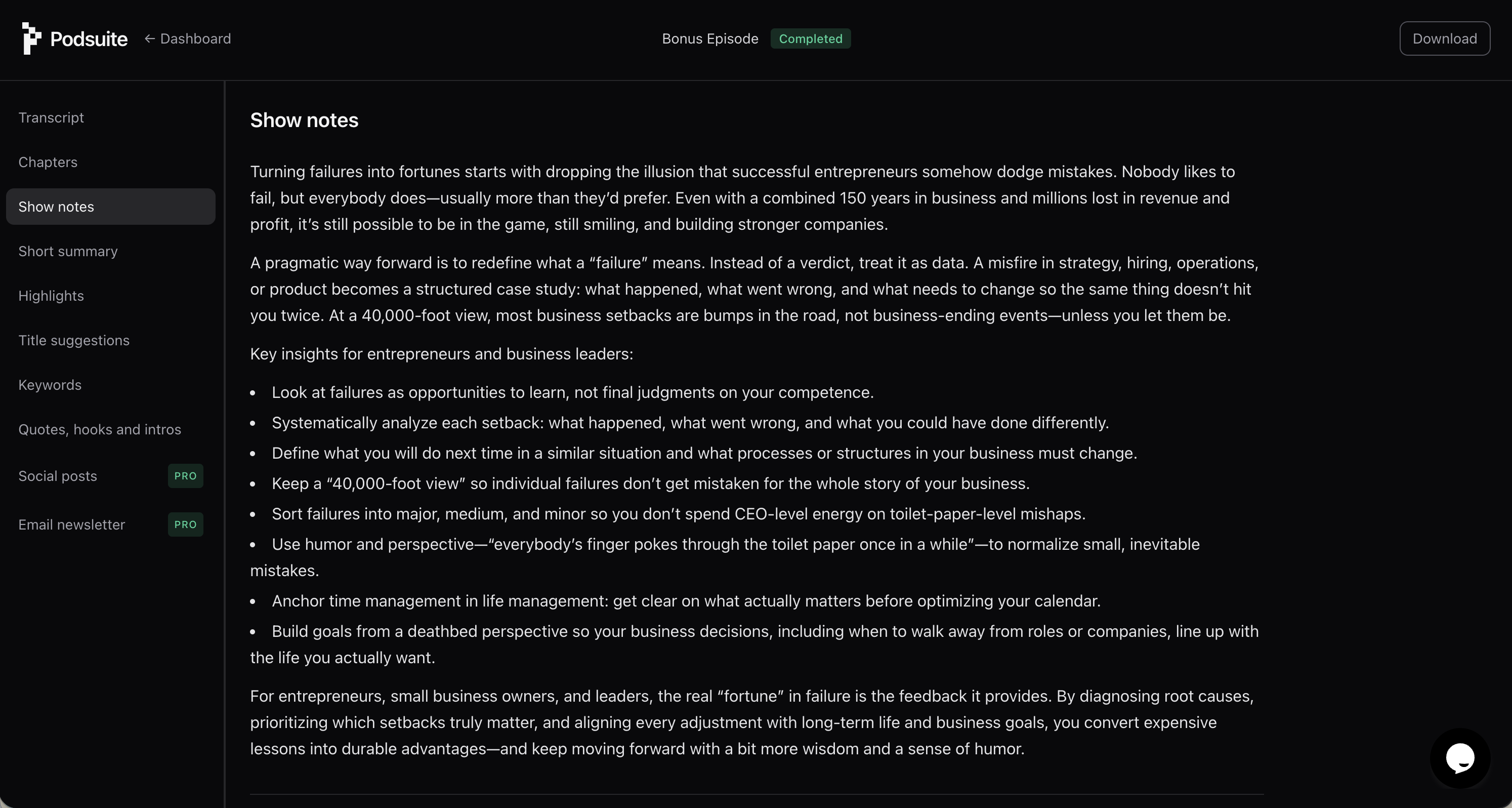 Podsuite show notes and podcast interface