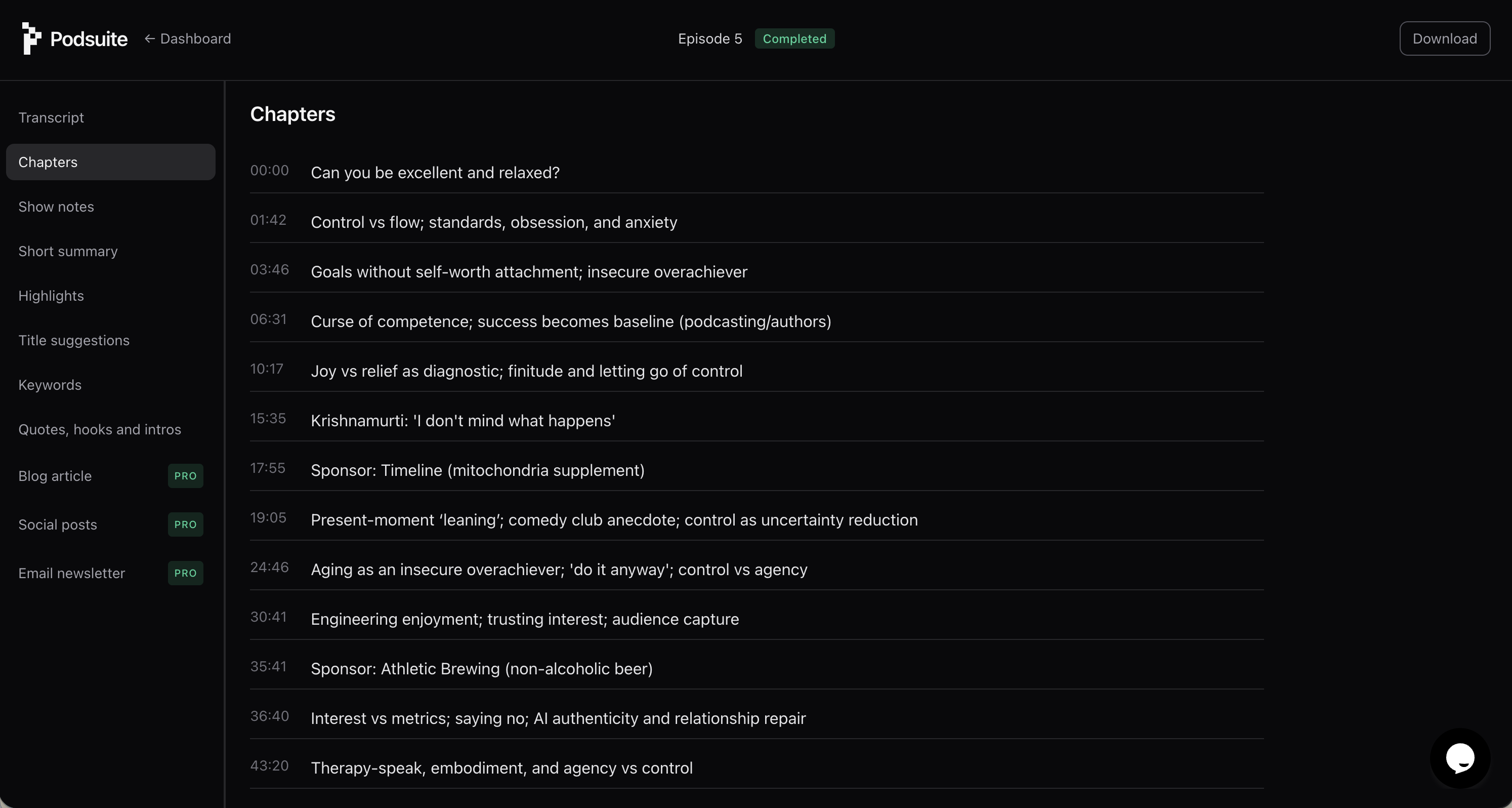 Podsuite chapters and podcast interface